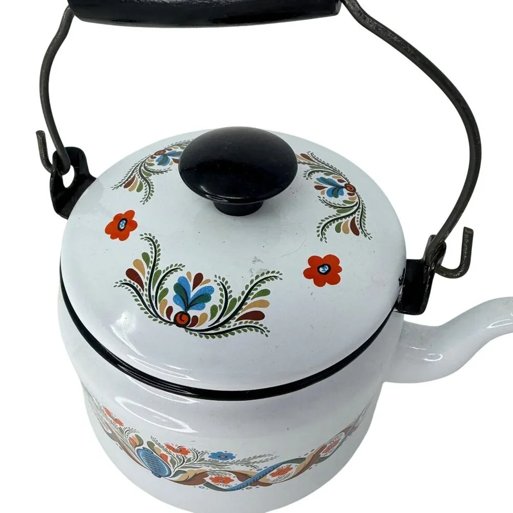 Vintage‎ 1960s Georges Briard Dutch Floral Enamelware Teapot Tea Kettle MCM